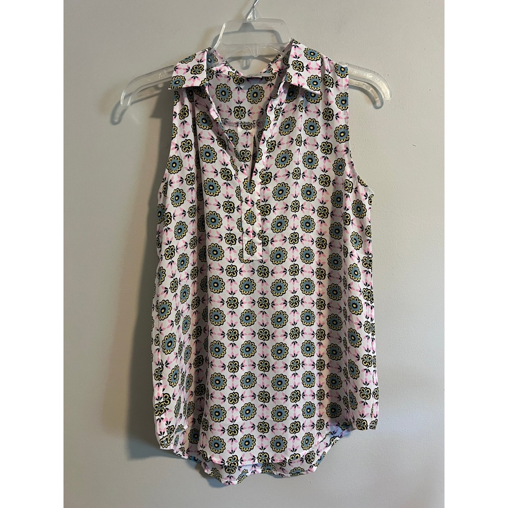 LOFT Outlet Sleeveless Floral Medallion Blouse XS Yellow Blue Pink Split Neck